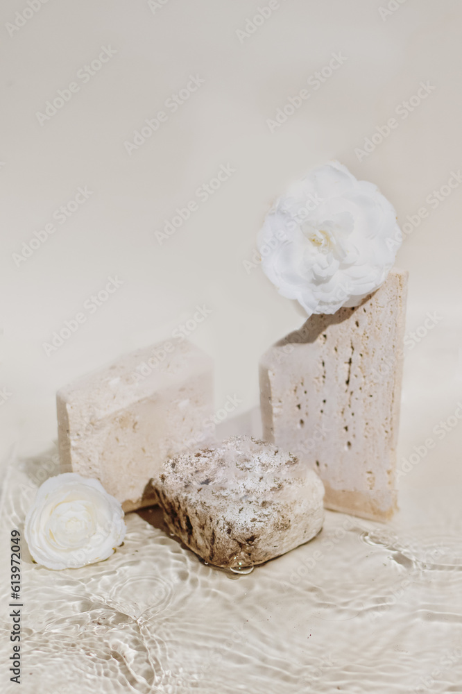 Stone Slabs and Rocks with Flowers and Water Ripples