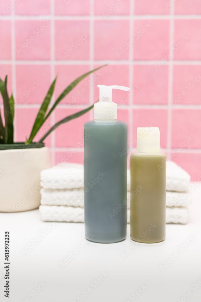 Pink Tile Bathroom with Plant, Towels, and Skincare Bottles