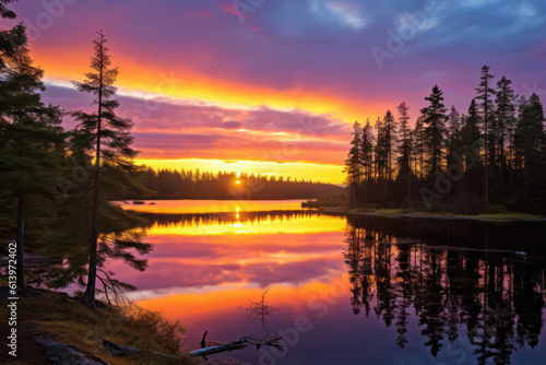 A breathtaking sunset over a serene lake, with vibrant hues reflecting on the calm water, creating a peaceful and captivating atmosphere