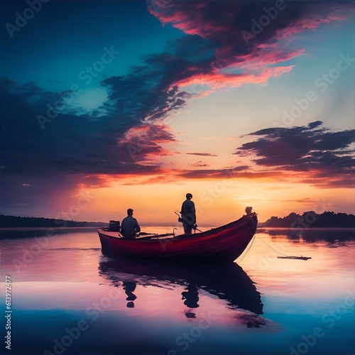 Silhouette of a persons in a boat. Illustration