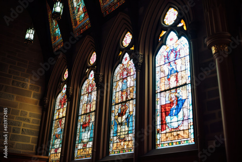 An architectural detail of a historic building's intricate stained glass window, with sunlight filtering through, creating a vibrant kaleidoscope of colors