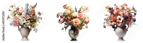 Collection of colorful flower bouquets in a vase isolated on a transparent background, generative ai photo