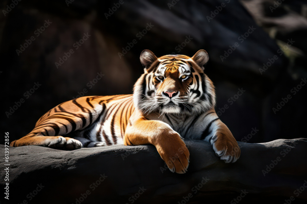 A captivating shot of a powerful and majestic wild tiger in its natural habitat A captivating shot of a powerful and majestic wild tiger in its natural habitat