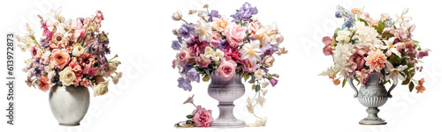 Collection of colorful flower bouquets in a vase isolated on a transparent background, generative ai © GHart