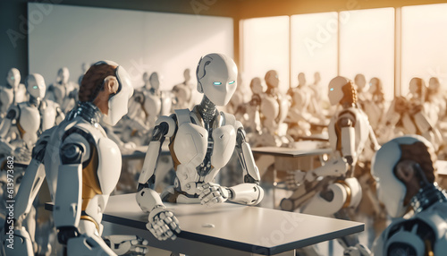 Concept of using artificial intelligence in a class room of tomorrow,,AI robot teaching a classroom With Generative AI. 