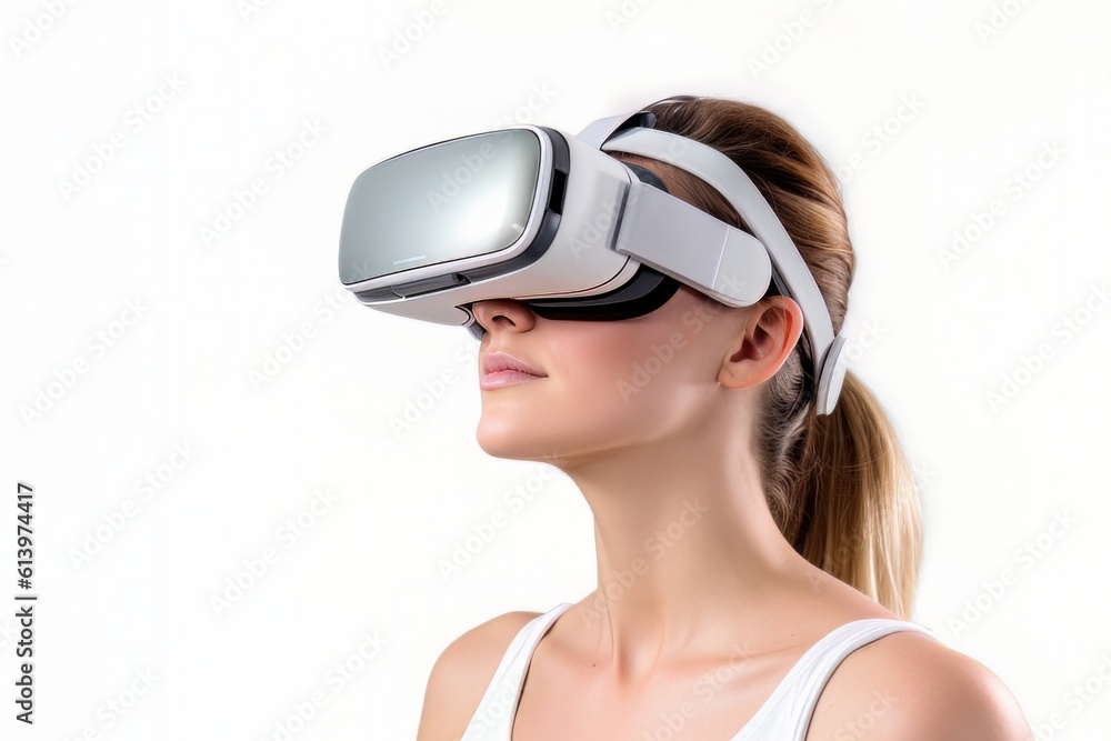 Beautiful cyber woman face in virtual reality glasses isolated on white background AI Generative AI Beautiful cyber woman face in virtual reality glasses isolated on white background AI Generative AI