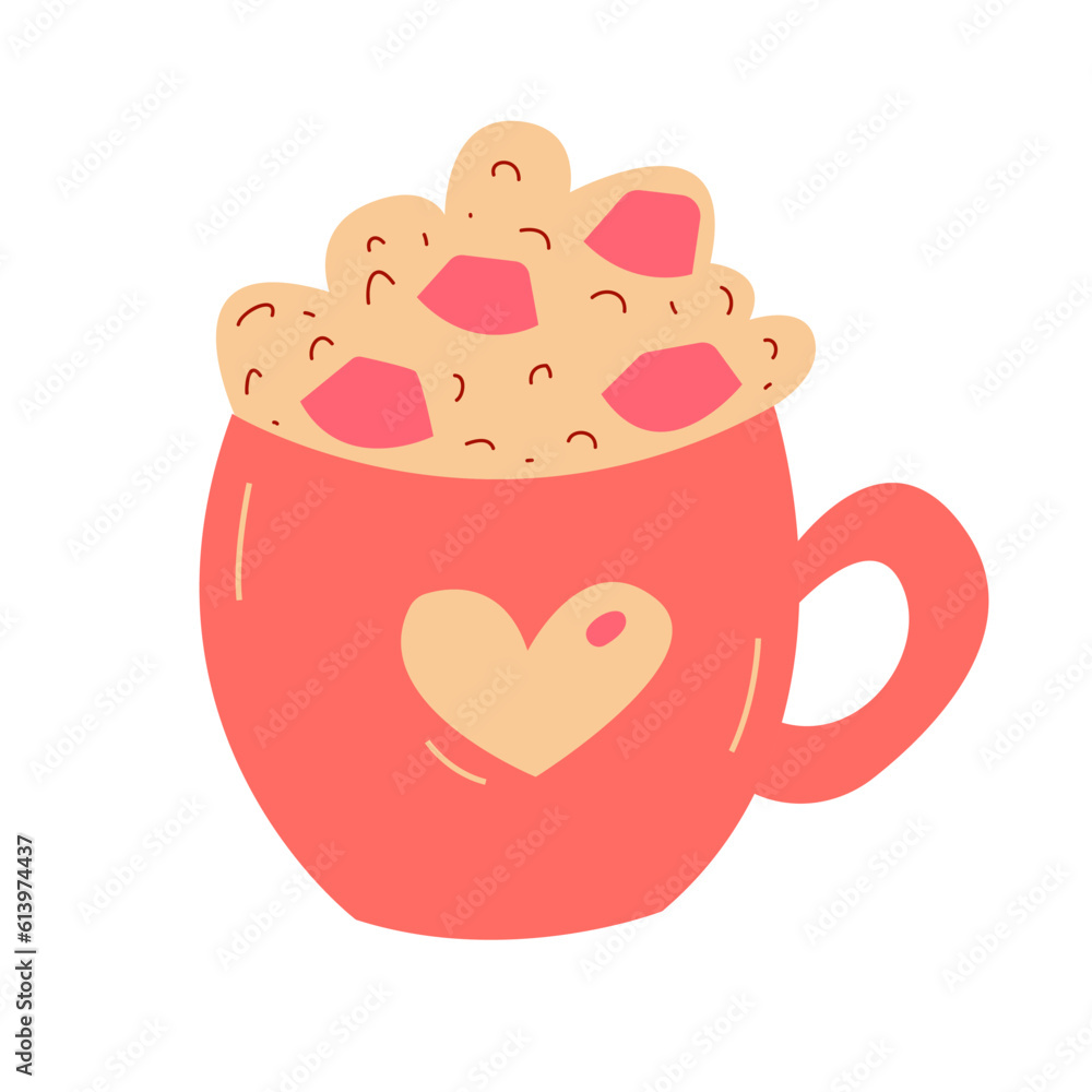 Hot chocolate cup with marshmallows, pink cup with heart Hot chocolate cup with marshmallows, pink cup with heart