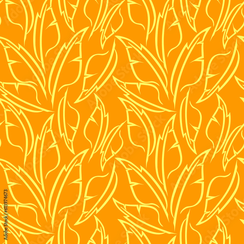 yellow graphic drawing of stylized feathers on an orange background, texture, design