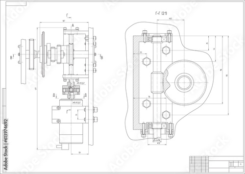 Vector engineering cad drawing of a mechanical part (steel shaft)
with through holes and bolted connections.
Computer aided design of machine parts. Technical cad background.