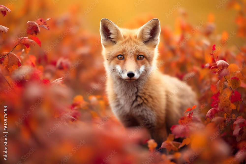 Naklejka premium Red fox cub in autumn forest