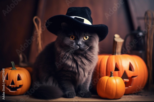 Black cat wearing a black hat sits next to a jack-o-lantern pumpkin. Halloween rustic background.