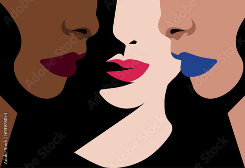 Raised Fist - Women Rresistance - Woman Pride - Expressive Diversity: Strong and Sensual Lips of Three Women, Ethnic Diversity with Caucasian, Middle Eastern, and African Descent, Side by Side