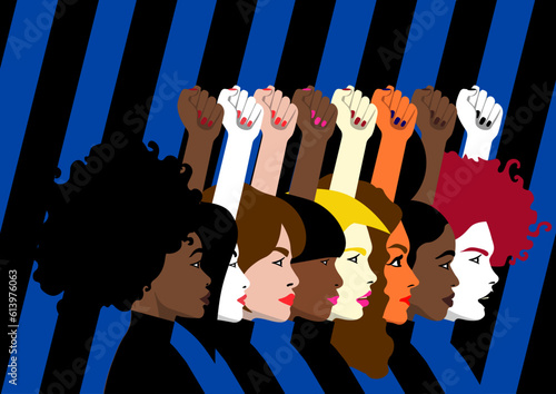 Raised Fist - Women Rresistance - Woman Pride - Empowered Diversity: Vector Illustration of Diverse Women's Profiles, Varied Races and Colors, Standing Side by Side with Raised Fists