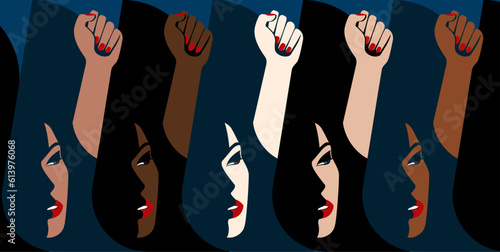 Raised Fist - Women Rresistance - Woman Pride - Strength in Diversity: Vector Illustration of Women's Profile Faces with Varied Skin Tones and Raised Fists