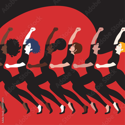 Raised Fist - Women Rresistance - Woman Pride - Empowered Sisterhood: United Women of Different Races and Colors, Lined Up in Dance, Fighting with Raised Fists