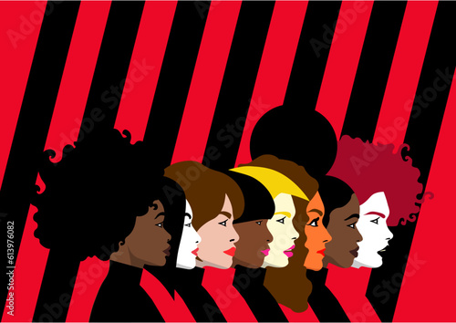 Raised Fist - Women Rresistance - Unified Diversity: Vector Illustration of Diverse Women of Different Ethnicities Standing Side by Side in Line