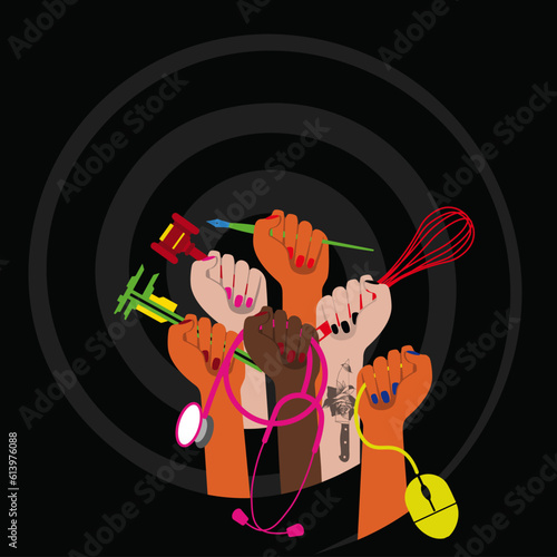 Raised Fist - Women Rresistance - Woman Pride - Empowered Labor: Vector Illustration of Raised Women's Fists Holding Various Work Tools