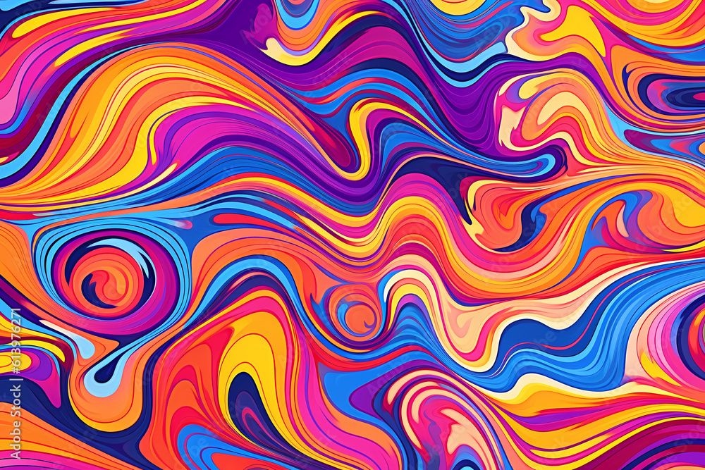 Psychedelic trippy Y2k retro background with bright swirl. Abstract liquid illustration. Blue, purple and orange groovy wave print.