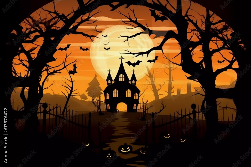 Scary halloween background with a black castle silhouette and bats. Orange and black background. Spooky night scene horizontal banner.