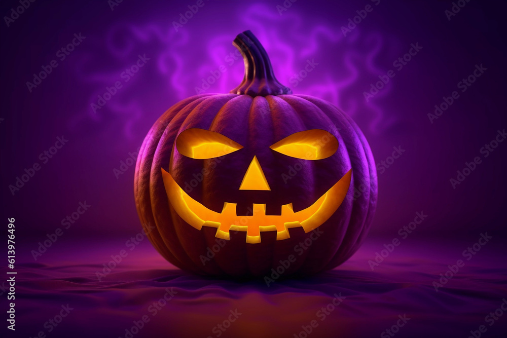 Naklejka premium A pumpkin head with scary smile on a purple background. Jack-o-lantern with illuminated Halloween background.
