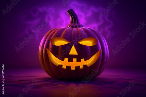 A pumpkin head with scary smile on a purple background. Jack-o-lantern with illuminated Halloween background.
