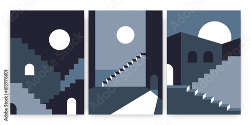 Abstract stair posters. Minimal architectural buildings, geometric contemporary art print for wall decor. Vector simple set