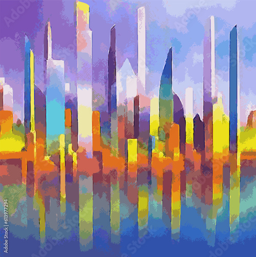 Moderne Abstrait Géométrique Illustration Vecteur Peinture Ville Ciel Skyline Plusieurs Couleurs Cubisme Expressif