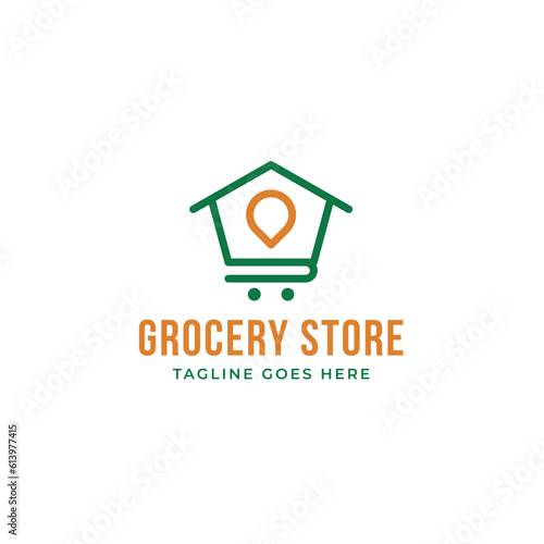 Creative Grocery Store Logo with Pin and Home Design Concept Vector Illustration Symbol Icon