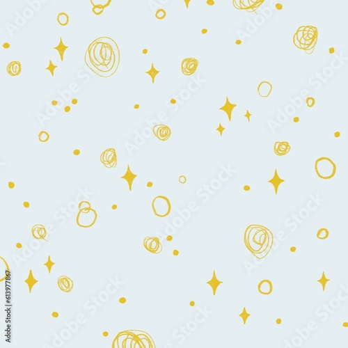 Blue background with yellow stars. Wallpaper. Children's cloth. Colored pencil illustration.