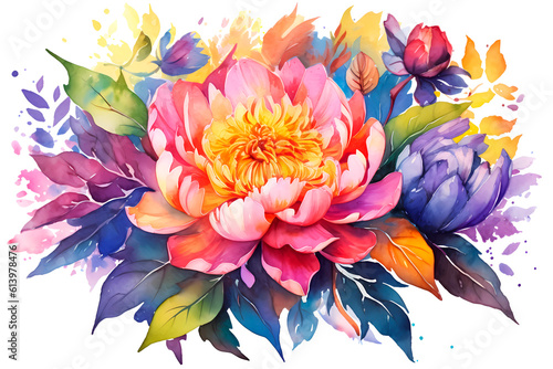 Fototapeta Naklejka Na Ścianę i Meble -  Watercolor peony flower arrangement. Summer floral bouquet with peach, pink and blue peonies. Botanical painting. Generative AI.