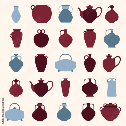 Vector flat illustration set. Various dishes for food. Pottery studio icon set. Products made on potters wheel. Natural clay products in a simple style. traditional crockery. Smoked dishes