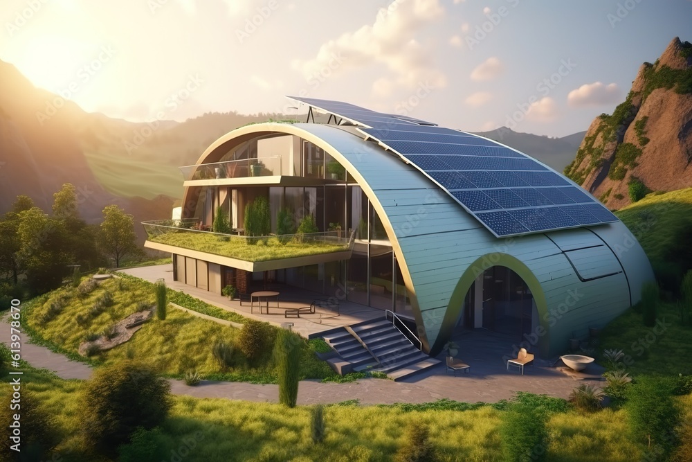 green modern futuristic house with solar panels on roof, alternative energy technologies on residential contemporary home building, generative AI