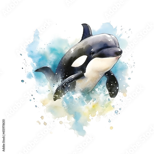 cute orca jumping out the sea in watercolor design against transparent background