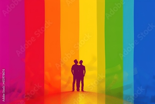  lgbt pride poster concept, two gay silhouette man on rainbow background, multicoloured, generative AI