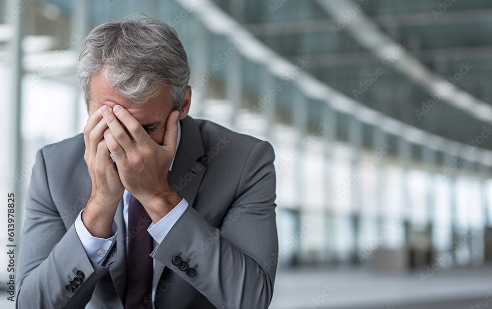 Businessman holding his head.Following a major failure in an important matter, I find myself engulfed in feelings of failure and despair. The somber thoughts are increasing, causing me Generative AI Businessman holding his head.Following a major failure in an important matter, I find myself engulfed in feelings of failure and despair. The somber thoughts are increasing, causing me Generative AI