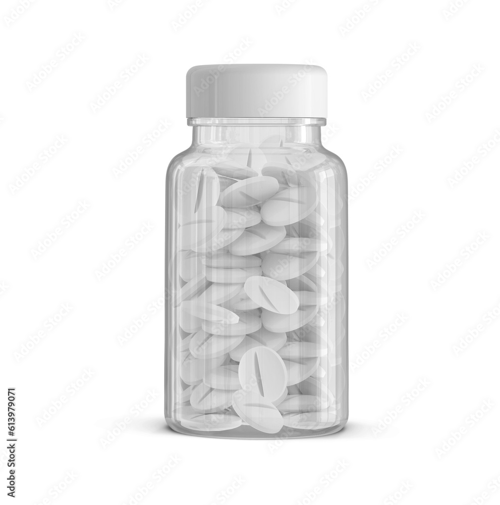 Clear Plastic Supplement Multivitamin Bottles With Pills 3D Rendering Clear Plastic Supplement Multivitamin Bottles With Pills 3D Rendering