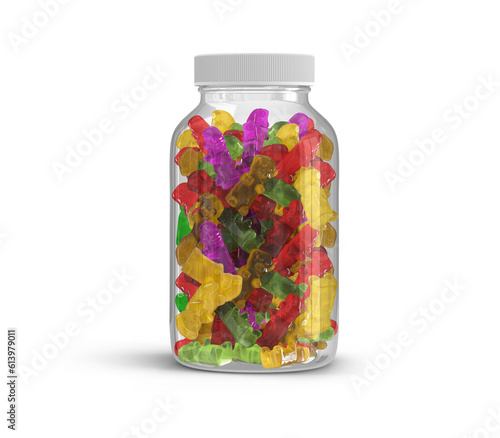 Clear Plastic Supplement Multivitamin Bottles With Gummy Bears 3D Rendering