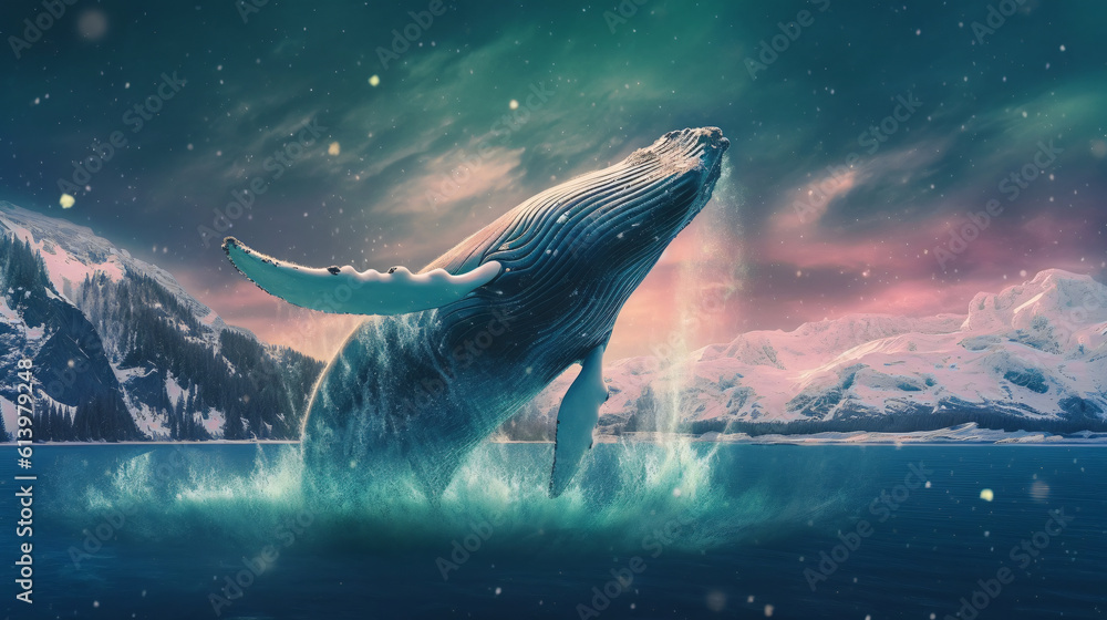 Fototapeta premium fantasy picture of a humpback whale jumping out of the water