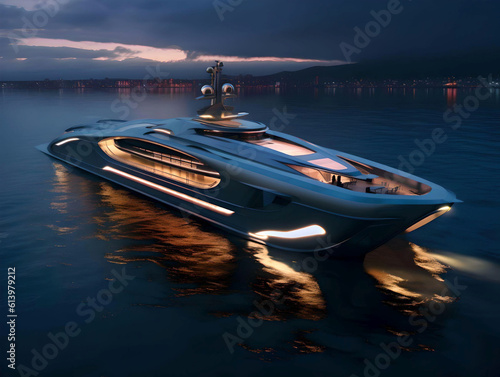 a modern luxurious yacht entering a harbor at night - generative ai © Martin