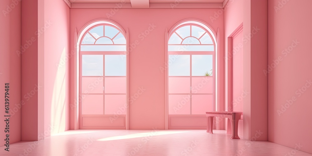 A charming room with a window and a door set in a soft pink wall, inviting in natural light and adding a touch of elegance A charming room with a window and a door set in a soft pink wall, inviting in natural light and adding a touch of elegance