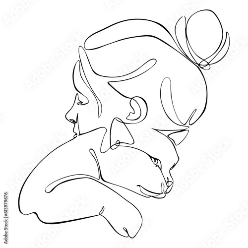 A girl with a cat in her arms - vector illustration (sketch), one-line silhouette without background (clipart). The emotion of love between people and animals.