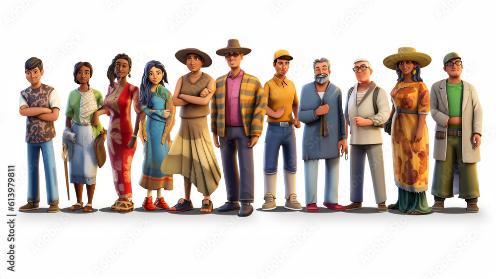 Fototapeta premium Diverse peoples, group of people standing in a row, 3D. Generative AI.