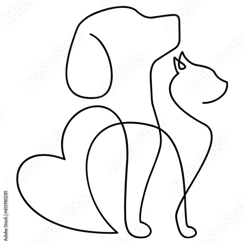 Cat and dog - vector illustration (sketch), one-line silhouette without background (clipart).
