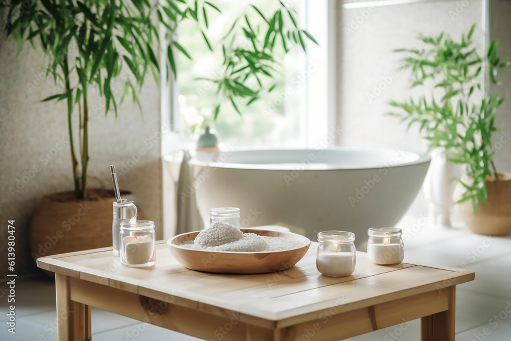 Spa bath with candles and bamboo, Generative AI