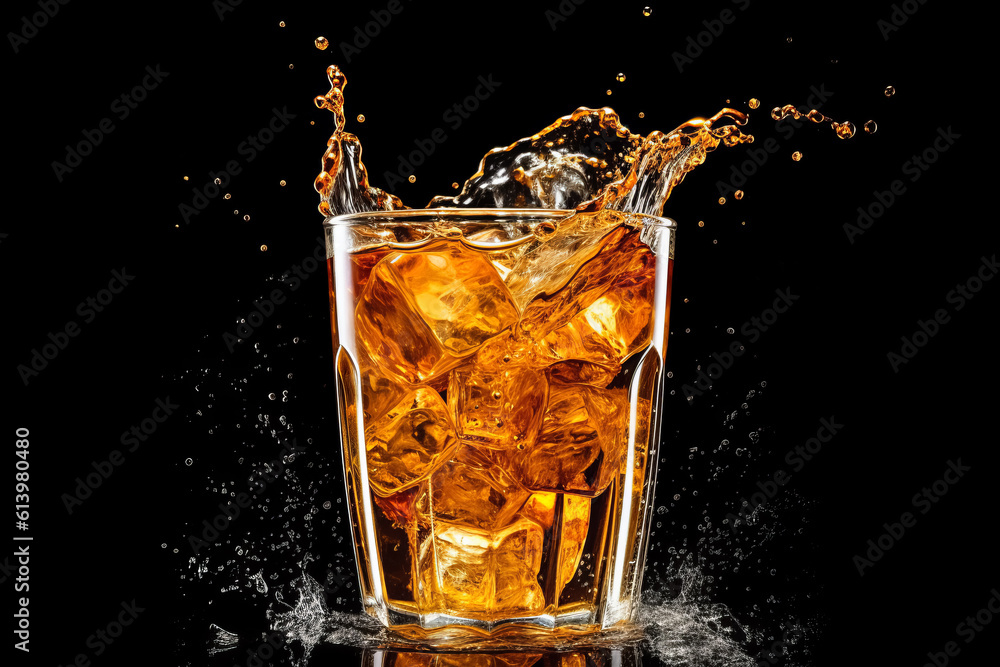 Drink in a glass with ice cubes with splashes on a dark background. Generative AI. Drink in a glass with ice cubes with splashes on a dark background. Generative AI.