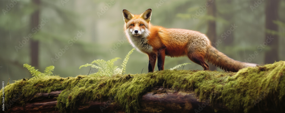 Obraz premium An adult fox on an old tree in a dense forest.generative ai