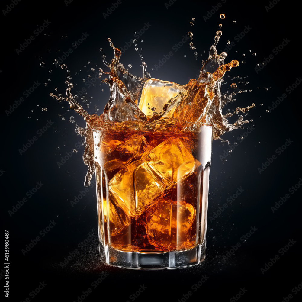 Drink in a glass with ice cubes with splashes on a dark background. Generative AI. Drink in a glass with ice cubes with splashes on a dark background. Generative AI.