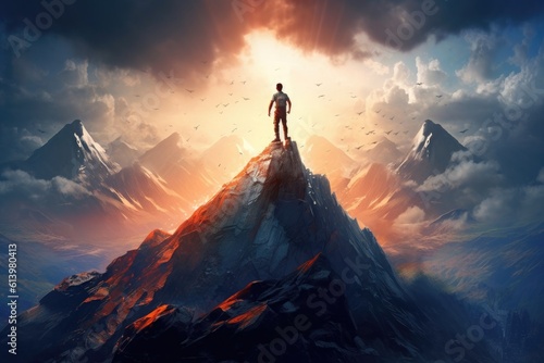Climber on the peak of a mountain, celebrating success, beautiful sky and sunset, Generative AI