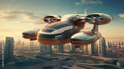 Flying cars soar through the skies  providing efficient and eco friendly transportation options for urban dwellers. Generative AI
