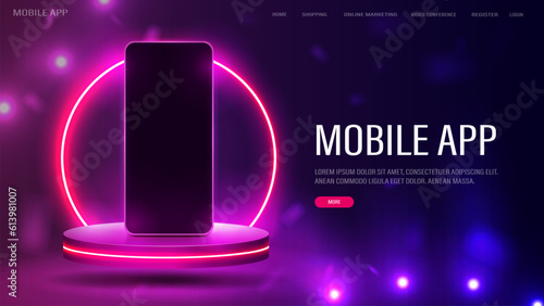A concept for a website with a mobile app and online shopping. A smartphone on the podium with a bright neon arch on a pink and blue background.